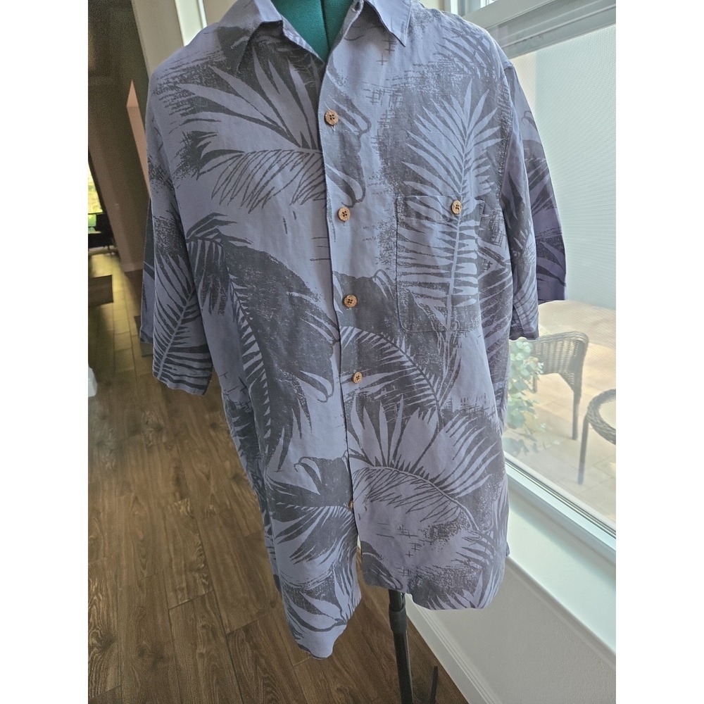 Caribbean Camp Shirt Mens M/L Blue Linen Blend Palm Tropical Button Up